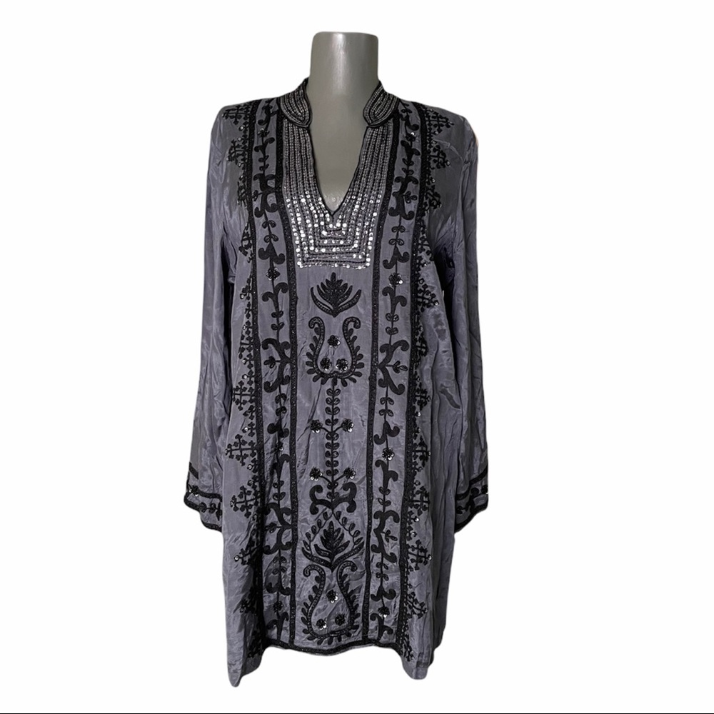 Soft Surroundings Embroidered Beaded Steel Grey Tunic Blouse Sz M